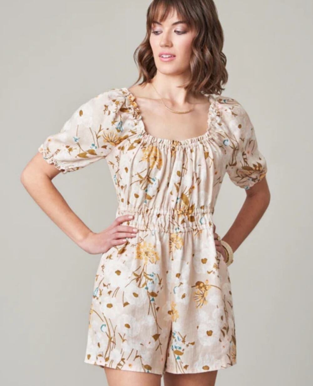 Spartina 449 Linen Floral Romper Small Boho Puff Sleeve Pockets Beige